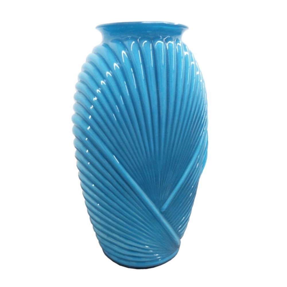 Vintage 1980s Ribbed Art Deco Glass Baby Blue Vase